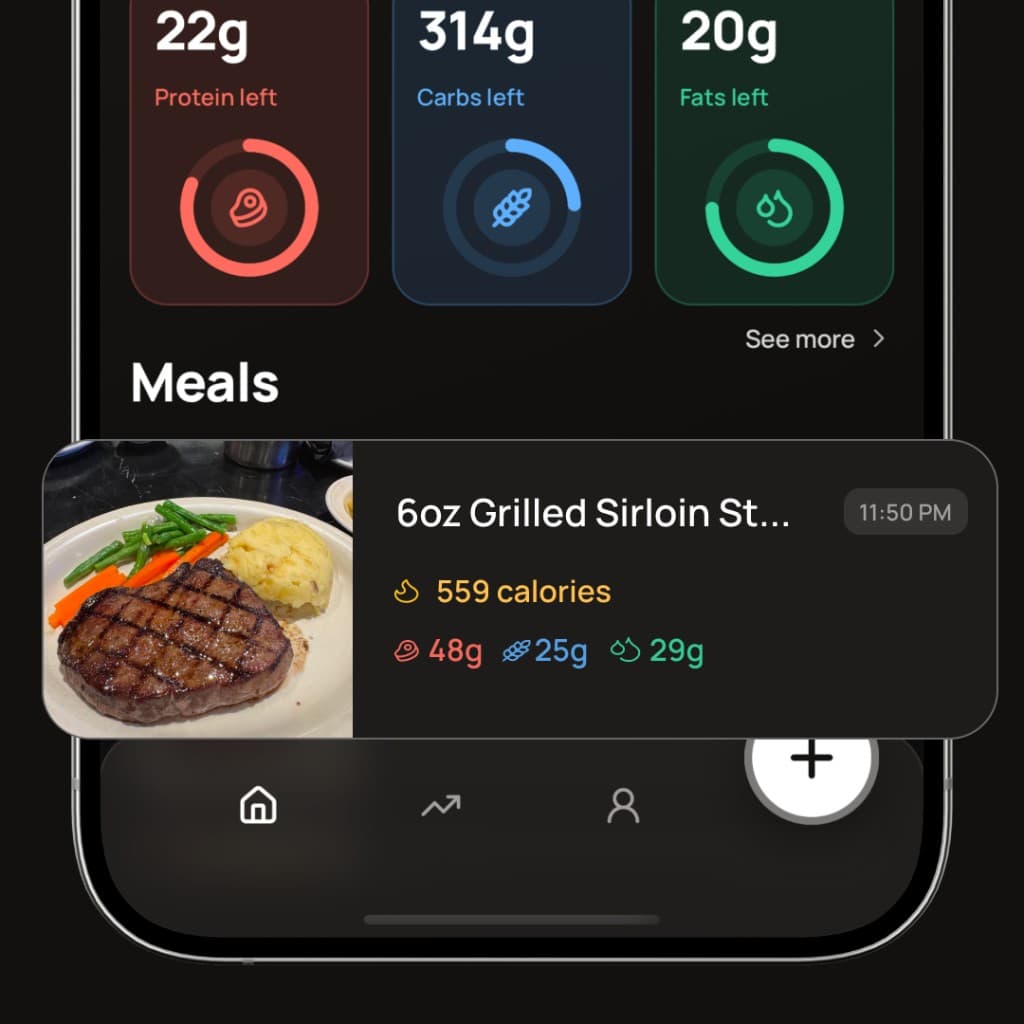 Logged meal photo of grilled sirloin on the home screen