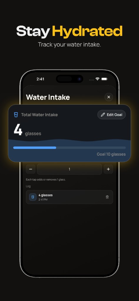 Water intake tracker with daily glass goal